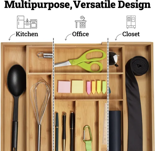 Vista 6 de Dynamic Gear - Organizador de cajones extensible de bambú, cubertería y bandeja de utensilios de calidad, 100% bambú puro, separador de cajones