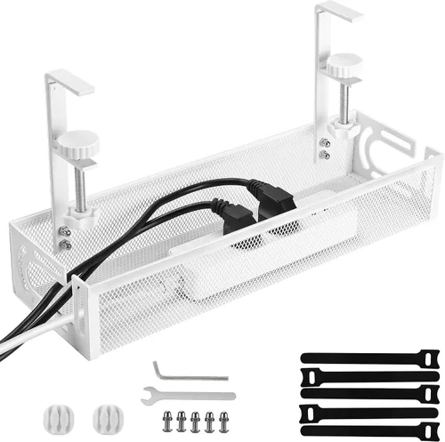 Vista 9 de Bandeja de Gestión de Cables para Debajo del Escritorio Pequeña – Organizador de Cables con Soporte de Abrazadera y Gestión de Cables para Debajo