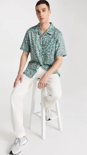Vista 5 de Naked & Famous Denim Camisa Aloha para hombre con botones y estampado de frutas-cian