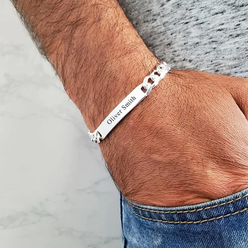 Vista 14 de LeCalla Pulsera personalizada con nombre de identificación personalizada grabada Pulsera de identificación de barra de eslabones para hombre
