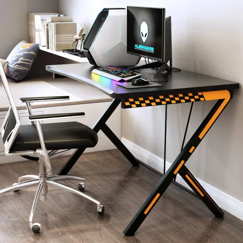 Vista 8 de Tangkula Escritorio de computadora para juegos de 46 pulgadas, escritorio para computadora de oficina en casa, mesa de estudio para espacios