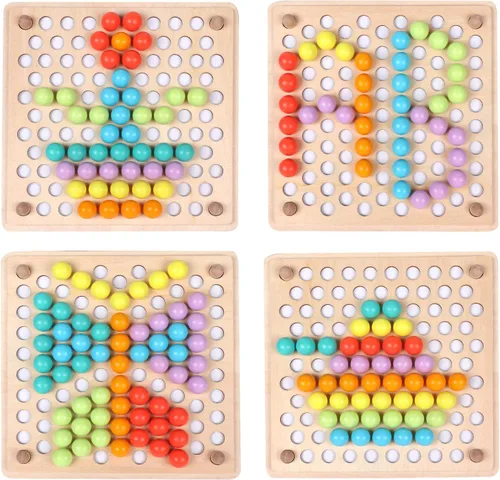 Vista 5 de QZMTOY Juego de cuentas de madera con clavijas, juguetes Montessori de aprendizaje, clasificación de colores, juguetes a juego apilables para niños