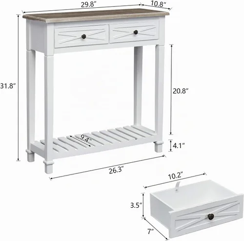 Vista 2 de Mesa consola con 2 cajones y estante de almacenamiento, mesa estrecha para sofá, mesa de entrada para entrada, pasillo delantero, color blanco
