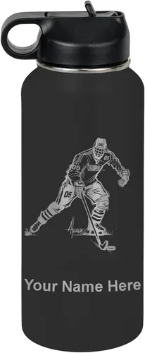 Vista 76 de LaserGram Botella de agua personalizada, jugador de hockey, acero inoxidable de doble pared aislada al vacío con popote superior, regalo grabado