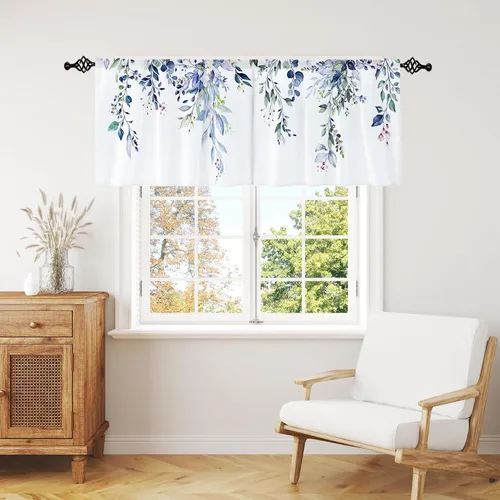 Vista 16 de Cortina de eucalipto negro y gris, cenefa para tratamiento de ventana, estilo bohemio, rústico, floral, bolsillo para barra, cortinas de ventana