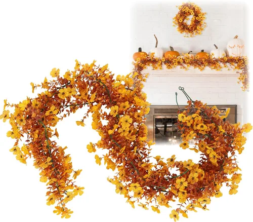 Vista 24 de RECUTMS Guirnalda artificial de otoño, plantas de vegetación sintética 1 pieza seda marrón