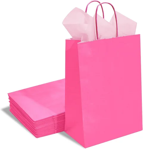 Vista 5 de DjinnGlory Paquete de 24 bolsas de regalo de papel rosa intenso de tamaño mediano con asas de 10 x 8 x 4 pulgadas y 24 papel de seda rosa para Rosa