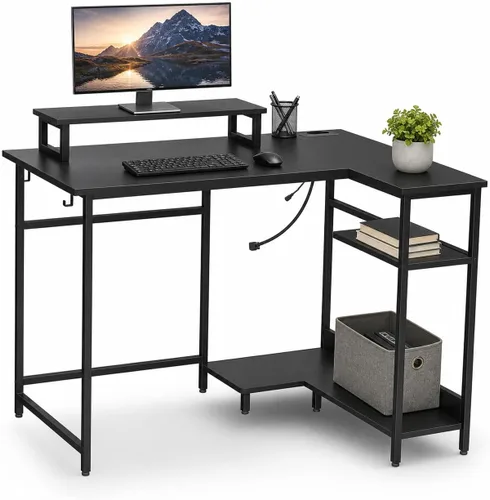 Vista 9 de DEVAISE Escritorio para juegos en forma de L de 47 pulgadas con luces LED y tomas de corriente, escritorio de esquina para espacios pequeños, mesa