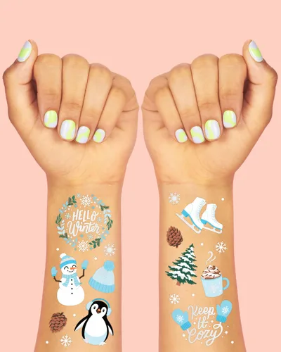 Vista 3 de xo, Fetti Tatuajes temporales para fiesta de Navidad de invierno, 50 estilos de lámina plateada, recuerdos de fiesta de Navidad, relleno