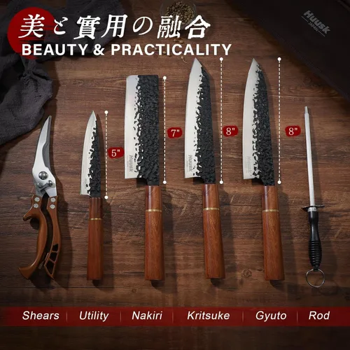 Vista 6 de Huusk Juego de cuchillos japoneses de 6 piezas con fundas - Juego de cuchillos de chef profesional con bolsa y afilador, juegos de cuchillos