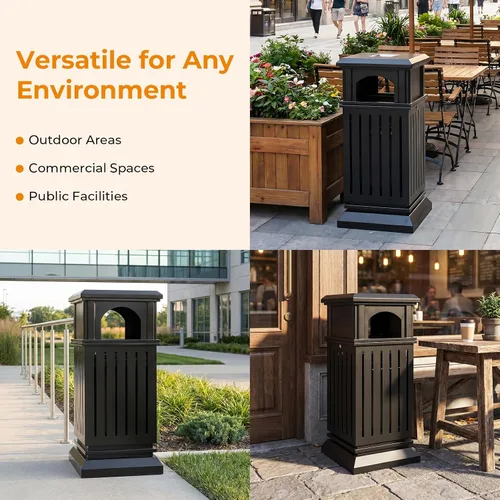 Vista 9 de BEAMNOVA Cubo de basura negro para exteriores, bandeja superior de acero inoxidable con tapa de bloqueo, contenedor de basura industrial resistente