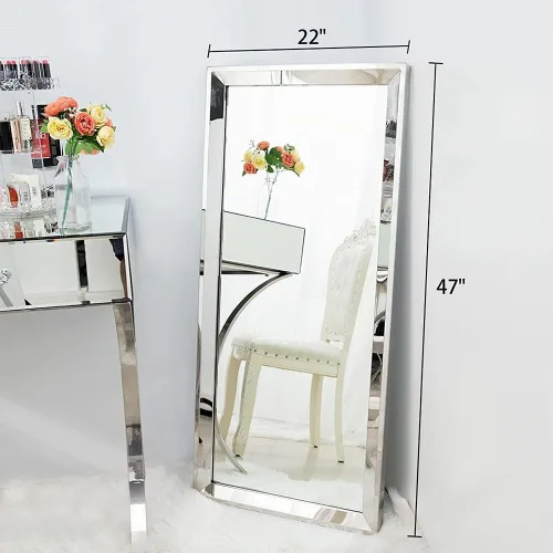 Vista 8 de Chende - Espejo de pared grande de 22" x 47", angular, rectangular, para decoración, con borde biselado de 2" y marco de acero inoxidable para sala