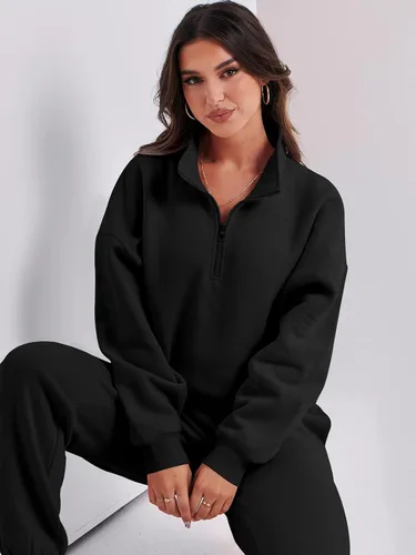 Vista 6 de Prinbara Conjunto de sudadera de manga larga con media cremallera para mujer, conjunto de 2 piezas con bolsillos