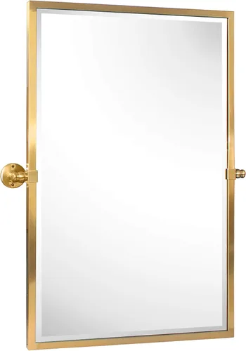 Vista 9 de Espejo rectangular de baño con marco de metal dorado cepillado, espejos de tocador biselados inclinables para pared, total 23.9 x 24 pulgadas