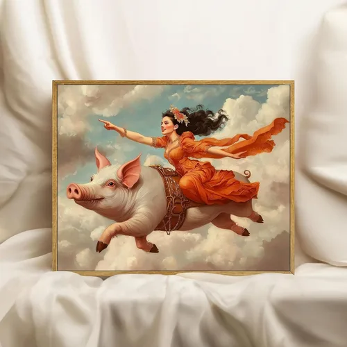 Vista 2 de Arte de pared de mujer victoriana, clásico ecléctico antiguo, impresiones divertidas de cerdo, lienzo retro surrealista, arte de pared de animales