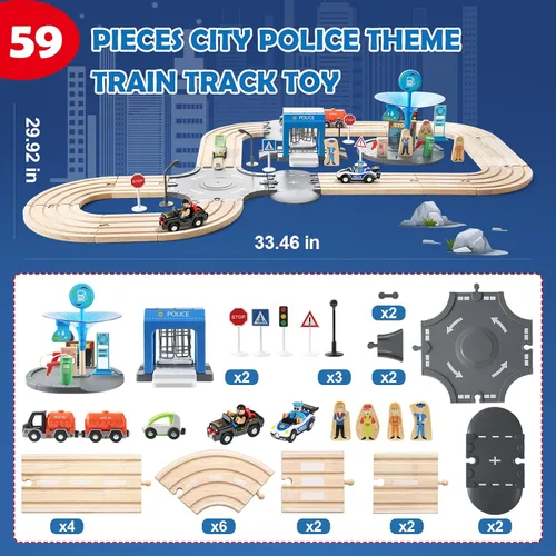 Vista 2 de Juego de 59 piezas de tren de madera para niños pequeños, tren de juguete con pista para niños de 3 a 6 años, set de juego de lujo de doble pista