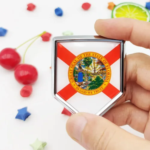 Vista 2 de Overdecor Calcomanías de bandera de Florida, emblema de automóvil, accesorios de automóvil, decoraciones de escudo cromado, calcomanías para autos