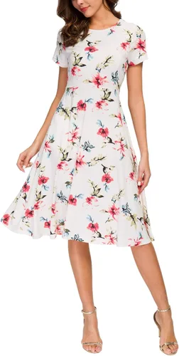 Vista 18 de Urban CoCo Vestido de manga corta para mujer, acampanado, con estampado floral, longitud por debajo de las rodillas # 1