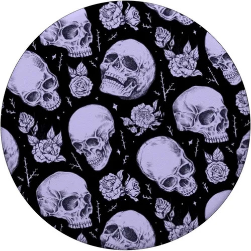 Vista 3 de Halloween moderno moderno calaveras y rosas en púrpura púrpura PopSockets intercambiables PopGrip