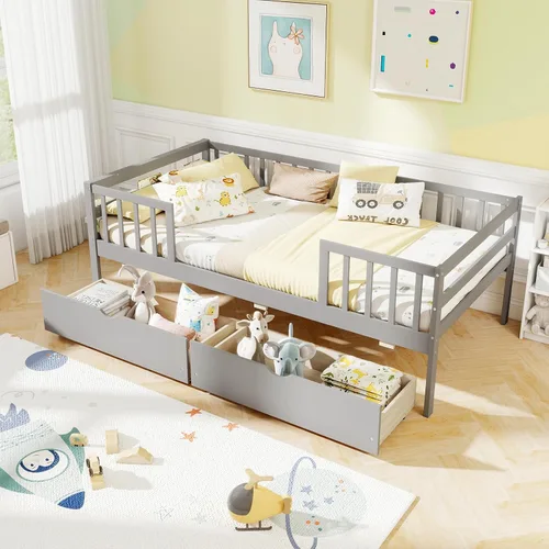Vista 4 de KOMFOTT Base de cama individual de madera con rieles de valla y 2 cajones extraíbles, marco de cama individual para niños con estante lateral,