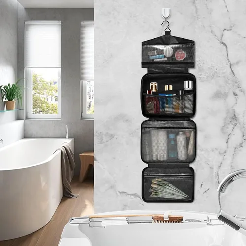 Vista 7 de Neceser para mujer, organizador de maquillaje de viaje con gancho para colgar, bolsas de cosméticos para mujeres y hombres, bolsa de viaje