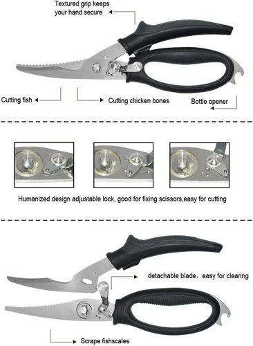 Vista 3 de Tijeras de cocina resistentes para cortar pollo, aves de corral, caza, hueso, carne, picar alimentos, con resorte