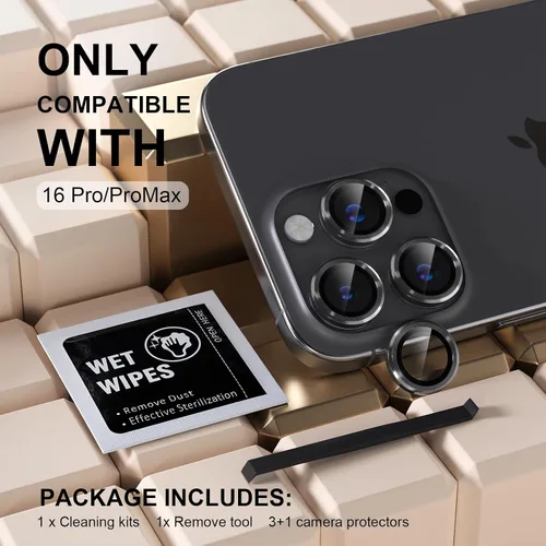 Vista 2 de Misea Compatible con iPhone 16 Pro/iPhone 16 Pro Max, protector de lente de cámara de vidrio templado Ultra-HD, protector de pantalla de anillo Negro