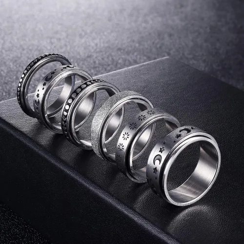 Vista 7 de LOYALLOOK Juego de 6 anillos giratorios para mujeres y hombres de acero inoxidable anillo de meditación para aliviar el estrés boda promesa