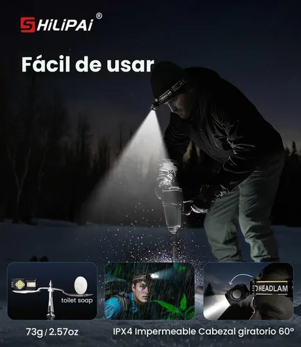 Vista 6 de Linterna frontal LED recargable con sensor de movimiento, 6 modos para elementos esenciales de equipo de campamento y senderismo, mini linterna Negro