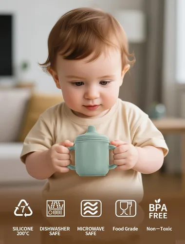 Vista 4 de Juego de tazas de silicona para niños pequeños, 2 tazas con popote y 2 tazas para bebés de 6 meses, tazas de entrenamiento a prueba de derrames a