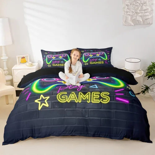 Vista 16 de Juego de funda de edredón con diseño de videojuegos para niños, tamaño individual, negro y azul a cuadros, juego de ropa de cama moderna