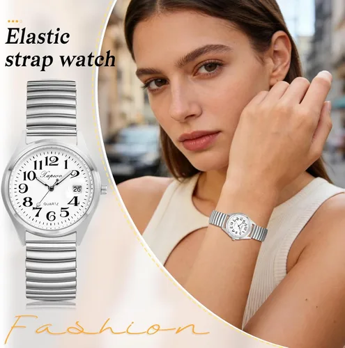 Vista 6 de JewelryWe Reloj analógico Easy Reader para mujer, chapado en oro, plata, banda elástica