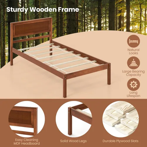Vista 4 de Giantex Base de cama individual con cabecero, cama de plataforma de madera maciza con soporte de listones de madera, cama individual