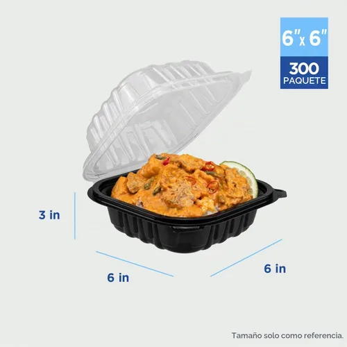 Vista 3 de Karat Contenedor con Bisagras de PP Premium [300 ct], Contenedores de Comida para Llevar - Caja (6"x6", 1 compartimento)