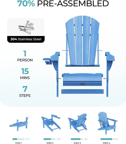 Vista 4 de Ciokea Silla Adirondack plegable con textura de madera, silla Adirondack para patio, resistente a la intemperie, silla de plástico para hoguera
