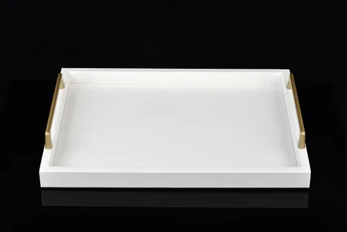 Vista 9 de MCBZ Bandeja decorativa rectangular para decoración del hogar, bandeja de servir de cuero de madera con asas de transporte de herrajes dorados