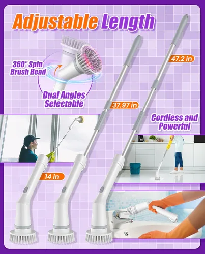 Vista 5 de Limpiador eléctrico inalámbrico 6 en 1 con mango largo Power scrubber, bathroom scrubber, 47.2 in long handle, 2 speed scrub brush, IPX7 rated