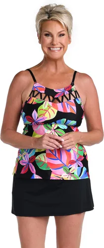 Vista 6 de Top de traje de baño tankini de cuello alto Negro/ Palmas flotantes