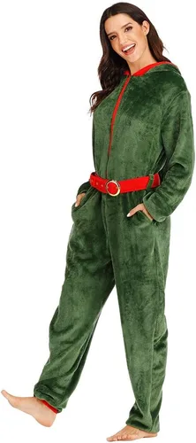 Vista 3 de ReneeCho Disfraz de elfo para mujer, disfraz de Navidad, pijama de elfo verde, traje de vacaciones, Verde