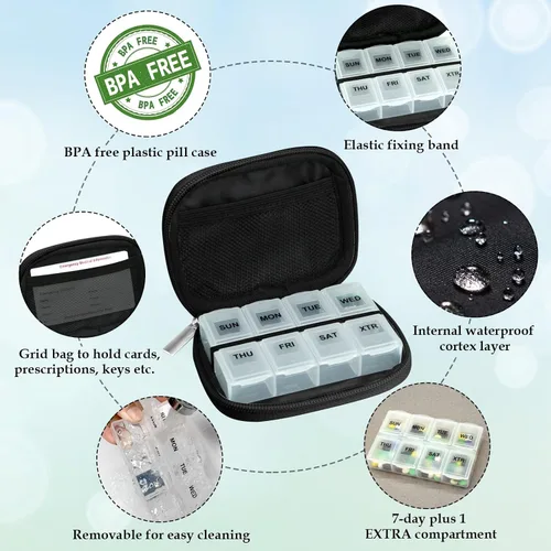 Vista 4 de Serfeymi Pastillero semanal para viaje, pastillero para bolso con pastillero extraíble de 7 días, organizador de medicamentos de viaje, contenedor