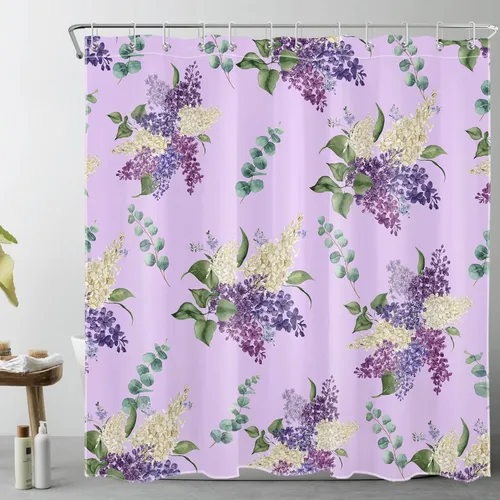 Vista 21 de EOBTAIN Cortina de ducha floral púrpura para baño, flores de acuarela y hojas de eucalipto verde sobre beige, cortina de ducha con 10 ganchos, juego