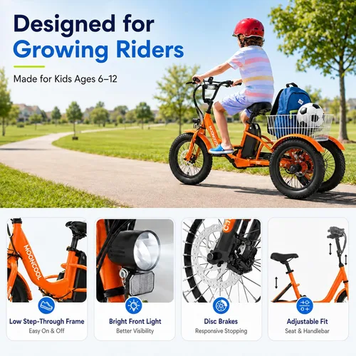 Vista 7 de MOONCOOL Triciclo eléctrico juvenil, 16 pulgadas, 250 W, E-Trike Naranja quemado