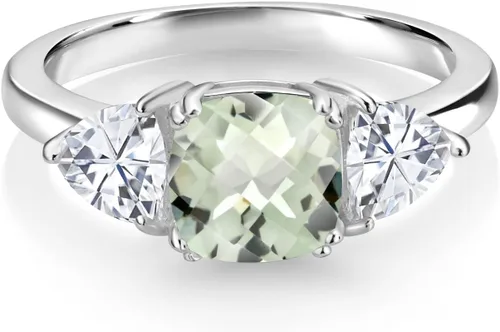 Vista 29 de 925 Sterling Silver Gemstone Birthstone and White Moissanite 3-Stone Engagement Ring for Women 7MM Cushion and 5MM Trillion Accents Three Stone