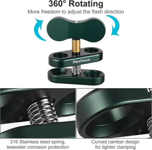 Vista 4 de MINIFOCUS Soporte de abrazadera de bola de aluminio de 1 pulgada, brazo de doble enchufe, soporte de adaptador de clip de resorte de 360°