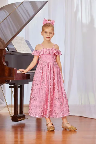 Vista 5 de GRACE KARIN Vestido de niña con hombros descubiertos y lentejuelas brillantes con nudo de lazo, 6-12 años