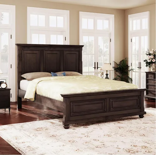 Vista 8 de Harper & Bright Designs Cama de plataforma tamaño King con cabecero y estribo, base de cama King de madera de goma con listones resistentes
