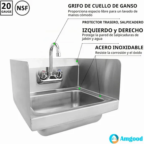 Vista 3 de AmGood Fregadero de mano comercial de 12 pulgadas de ancho x 12 pulgadas