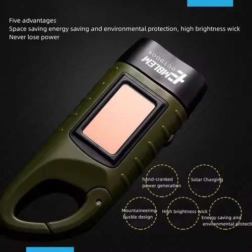 Vista 2 de Emblem OD - Linterna LED con manivela de mano solar, linterna de supervivencia recargable de emergencia con manivela dinamo y clip de carbiner.