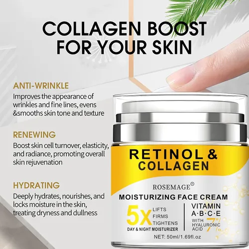 Vista 7 de Crema de retinol para rostro con colágeno y ácido hialurónico - Crema antienvejecimiento antiarrugas para mujeres y hombres - Hidratante facial