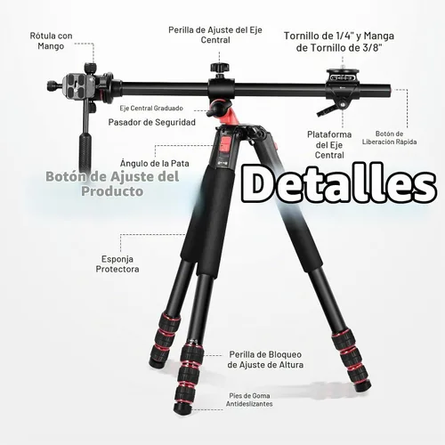 Vista 2 de NEEWER Trípode Horizontal de 73.6" con Columna Central Multiángulo, Cabezal Esférico y Plataforma de Eje Central, Trípode Monopie de Cámara